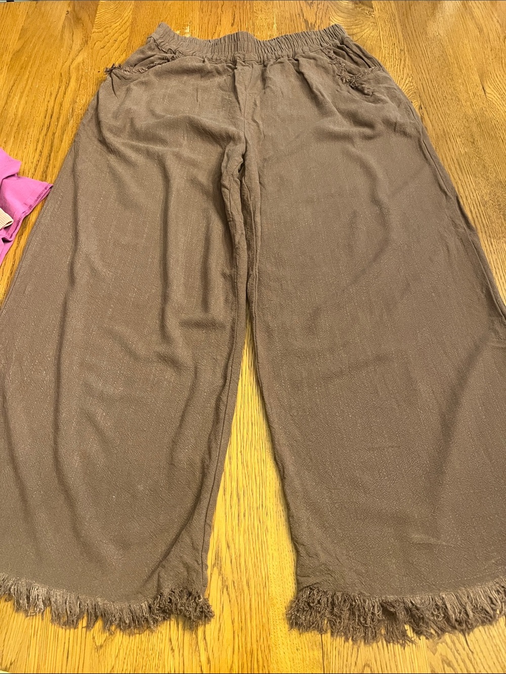 Umgee Taupe Elastic Waist Wide Leg Pants with Fringe Detail